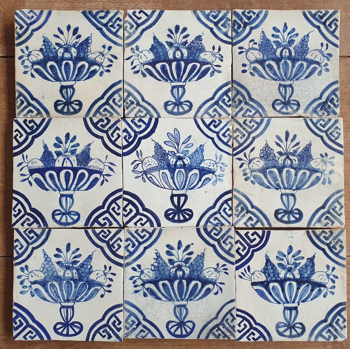 Antique Delft Tile Panel, Fruit Compote, 17th Century Dutch Tiles, Set of 9 fruitbasket ornament