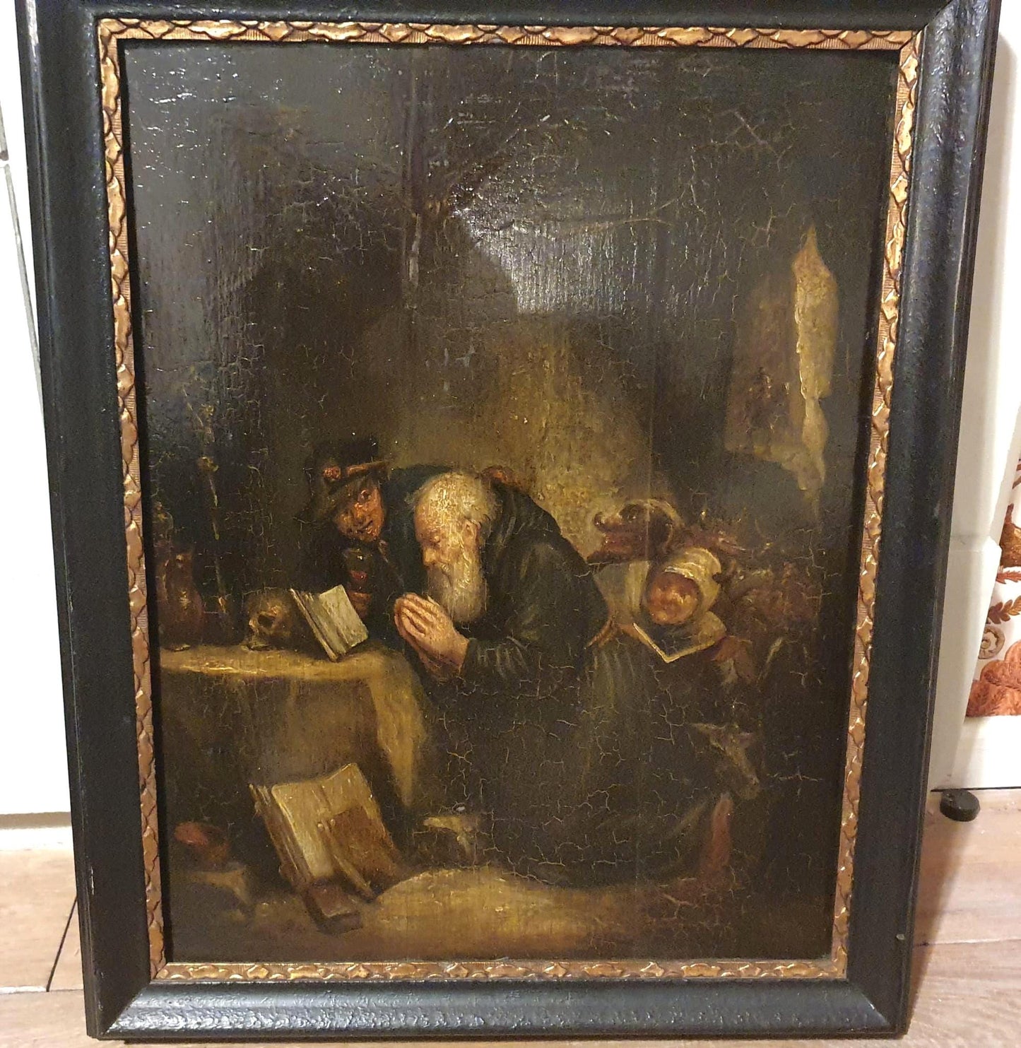 17th Century Dutch Vanitas Oil Painting, Praying Clergyman, Skull