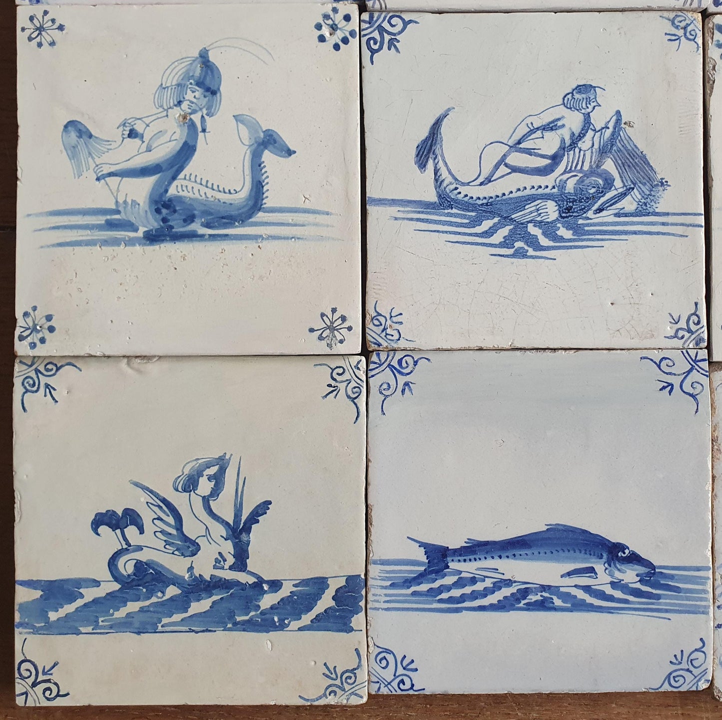 Antique Delft Mermaid Tiles, 17th Century Dutch Seascape, Set of 9