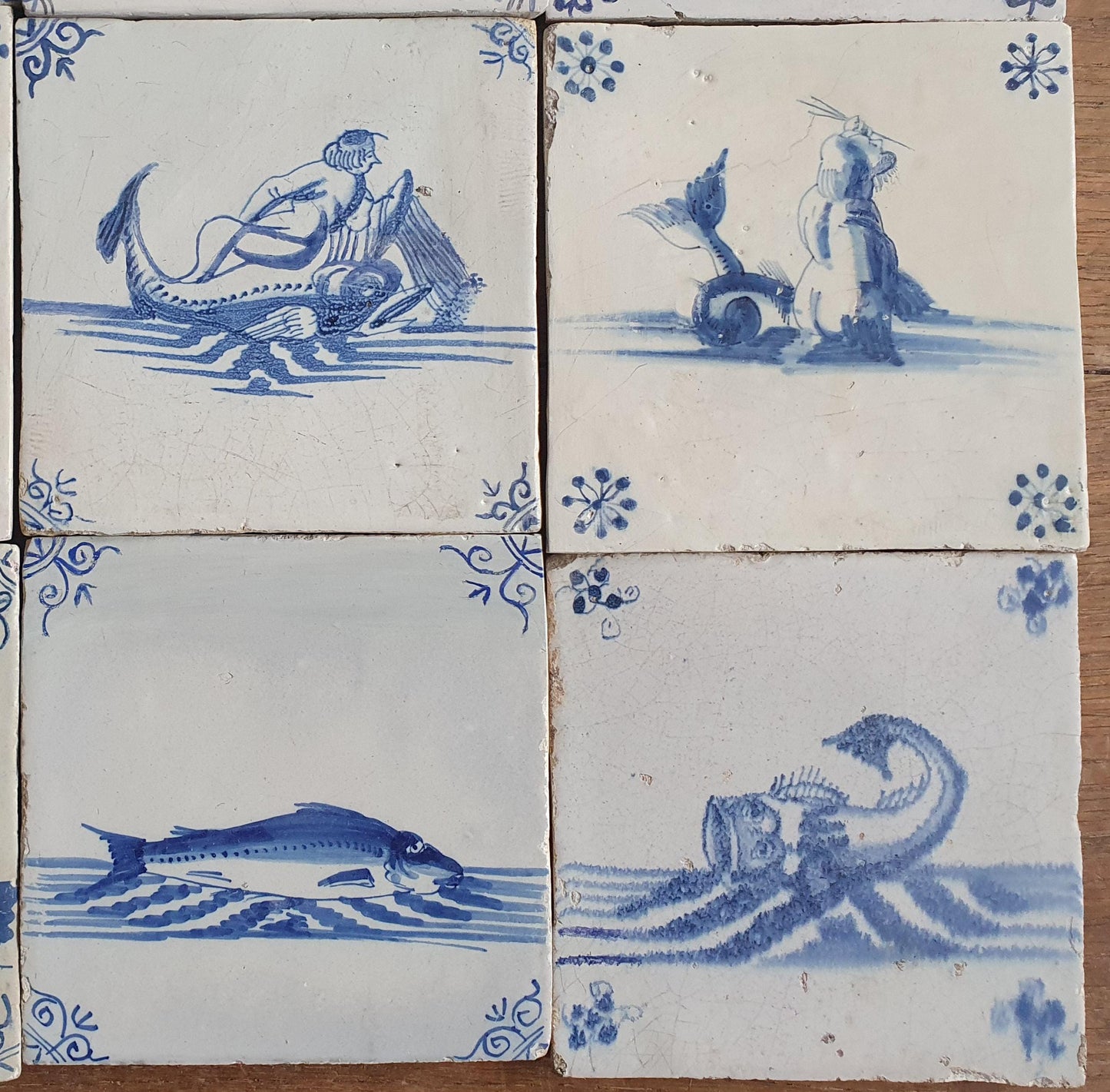 Antique Delft Mermaid Tiles, 17th Century Dutch Seascape, Set of 9