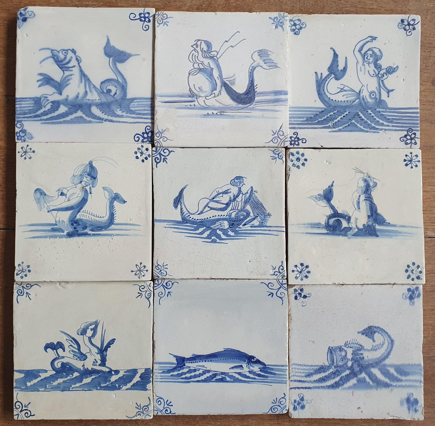 Antique Delft Mermaid Tiles, 17th Century Dutch Seascape, Set of 9