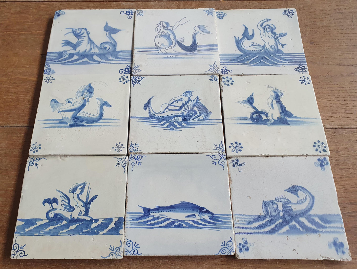 Antique Delft Mermaid Tiles, 17th Century Dutch Seascape, Set of 9