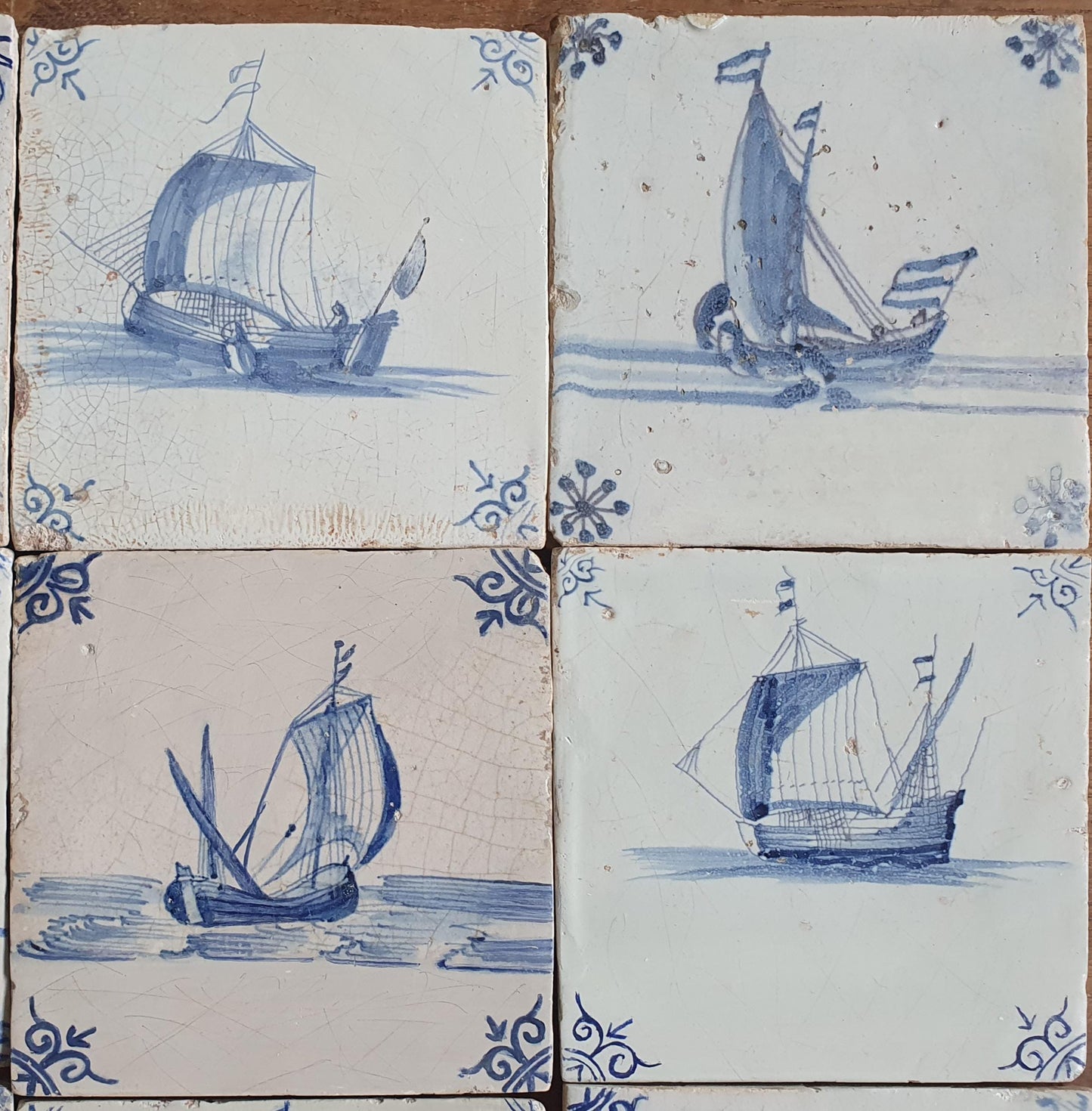 Antique Delft Tile Set, 17th Century Dutch Sailing Ships, Restored