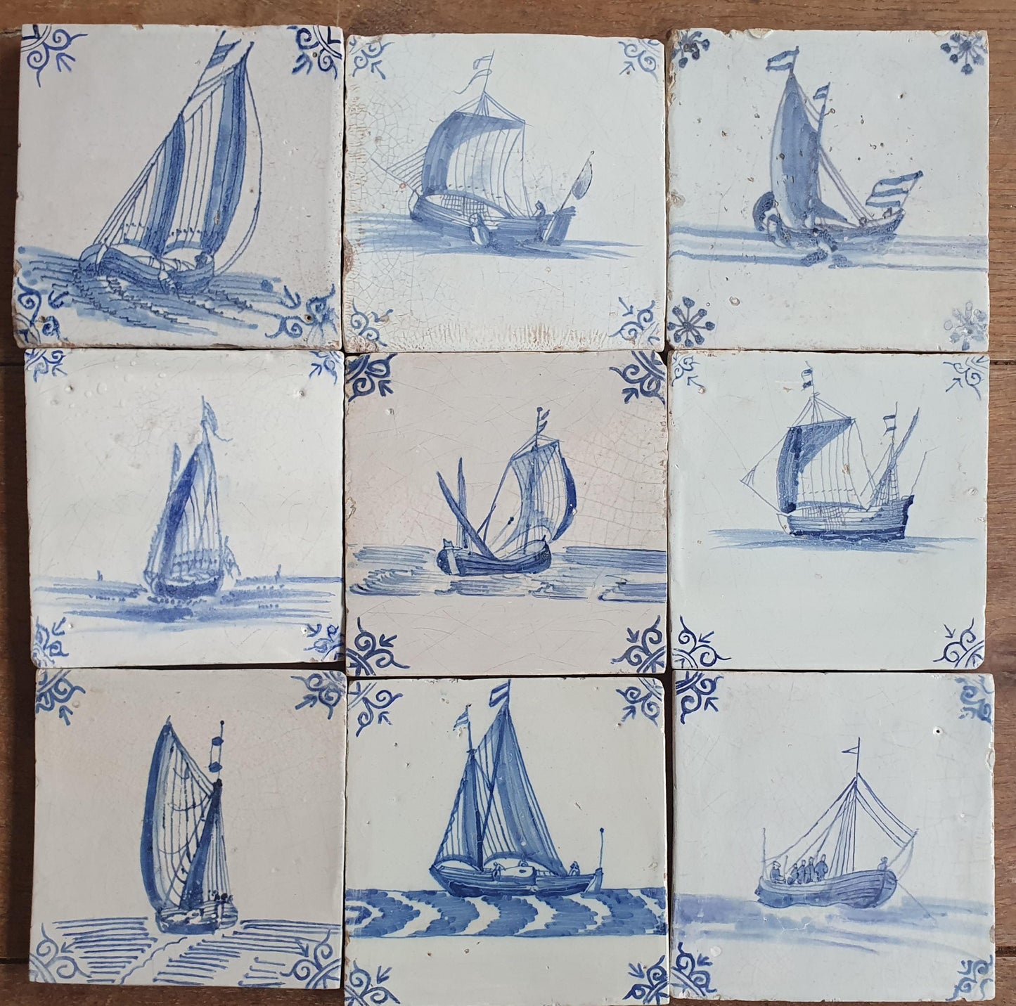 Antique Delft Tile Set, 17th Century Dutch Sailing Ships, Restored