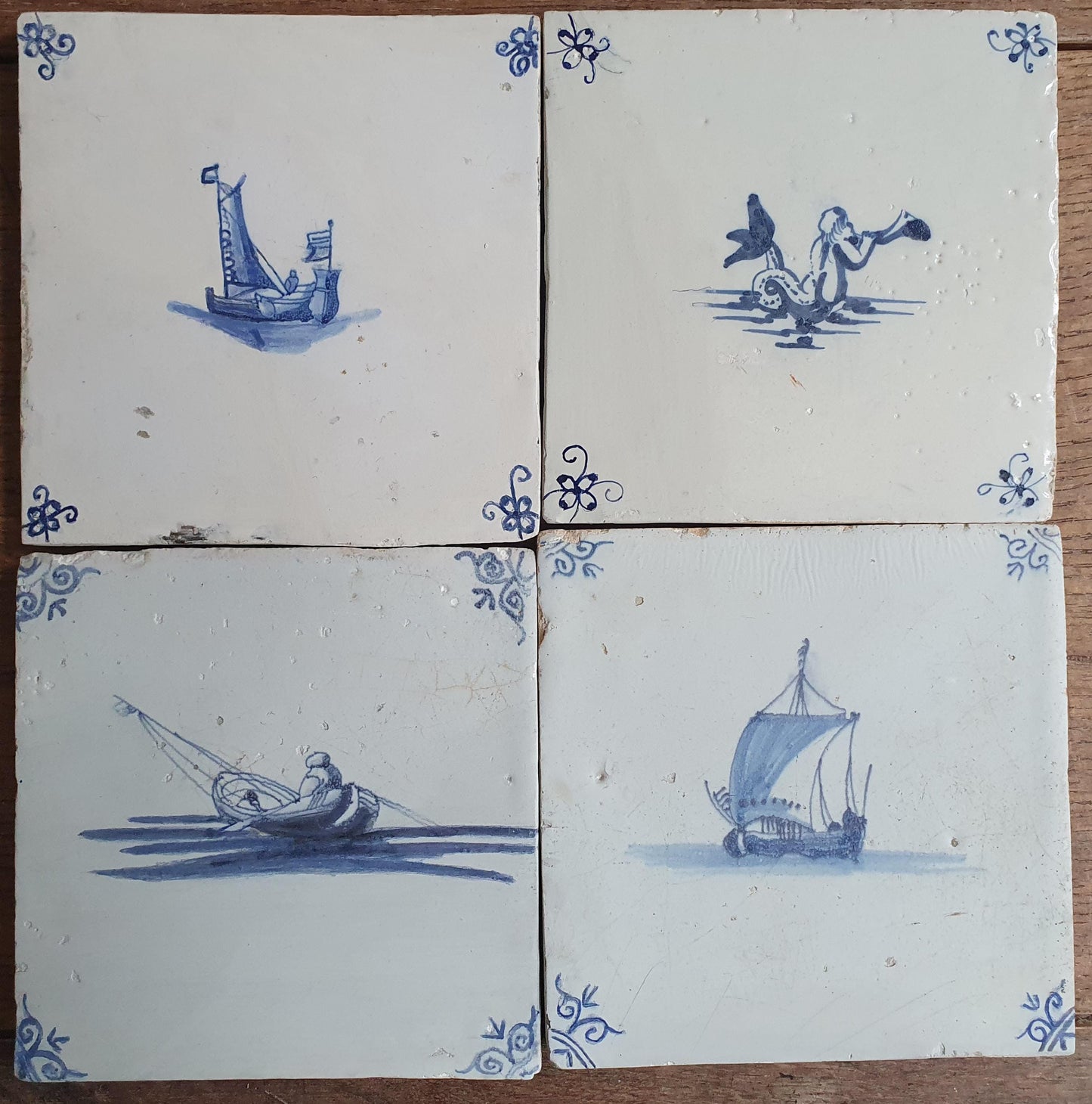 Antique Delft Tiles, 17th Century Dutch Mermaid & Ship Panel, Restored