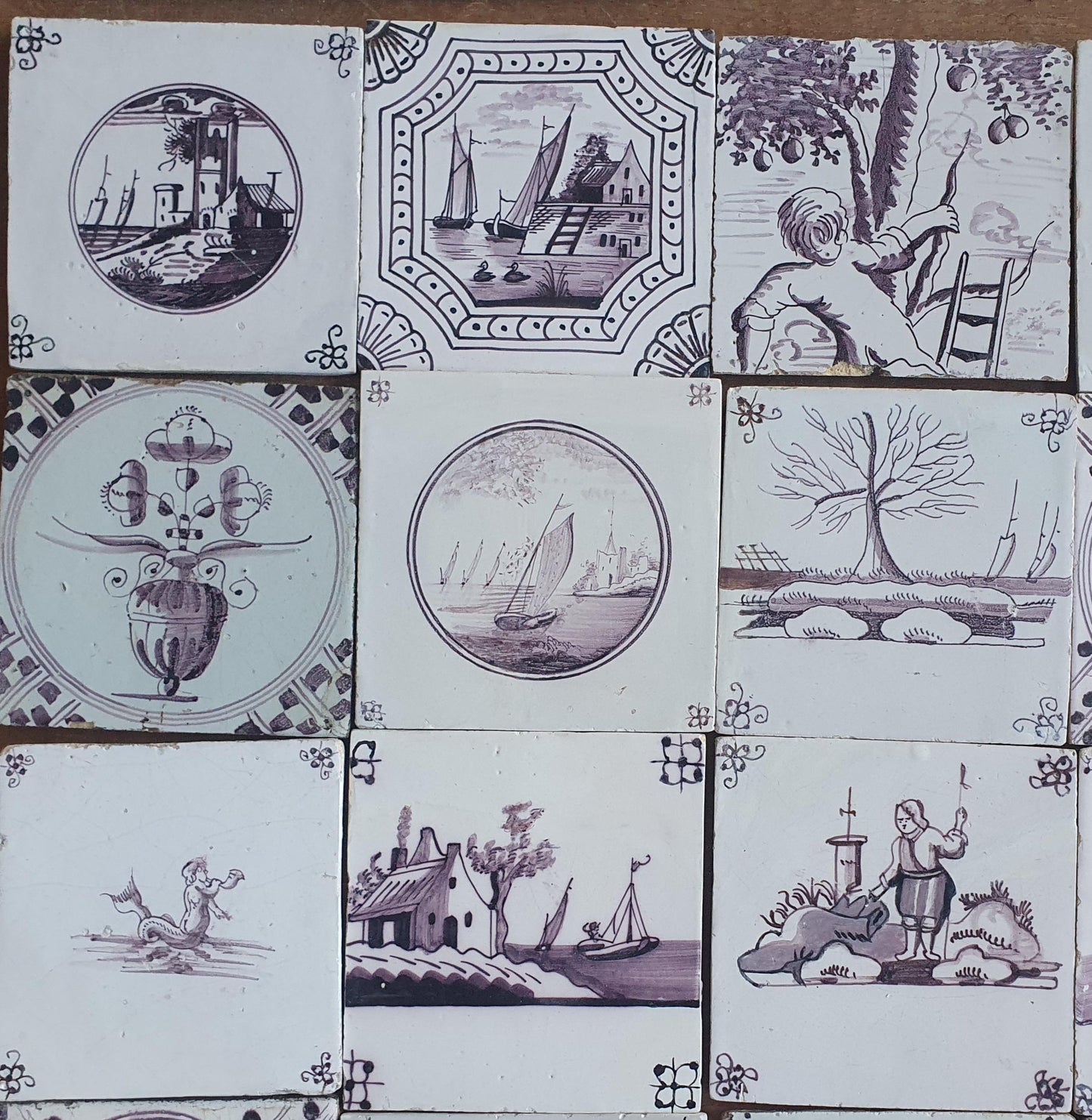 Antique Delft Tiles, 18th/19th Century Dutch Landscapes, Set of 36