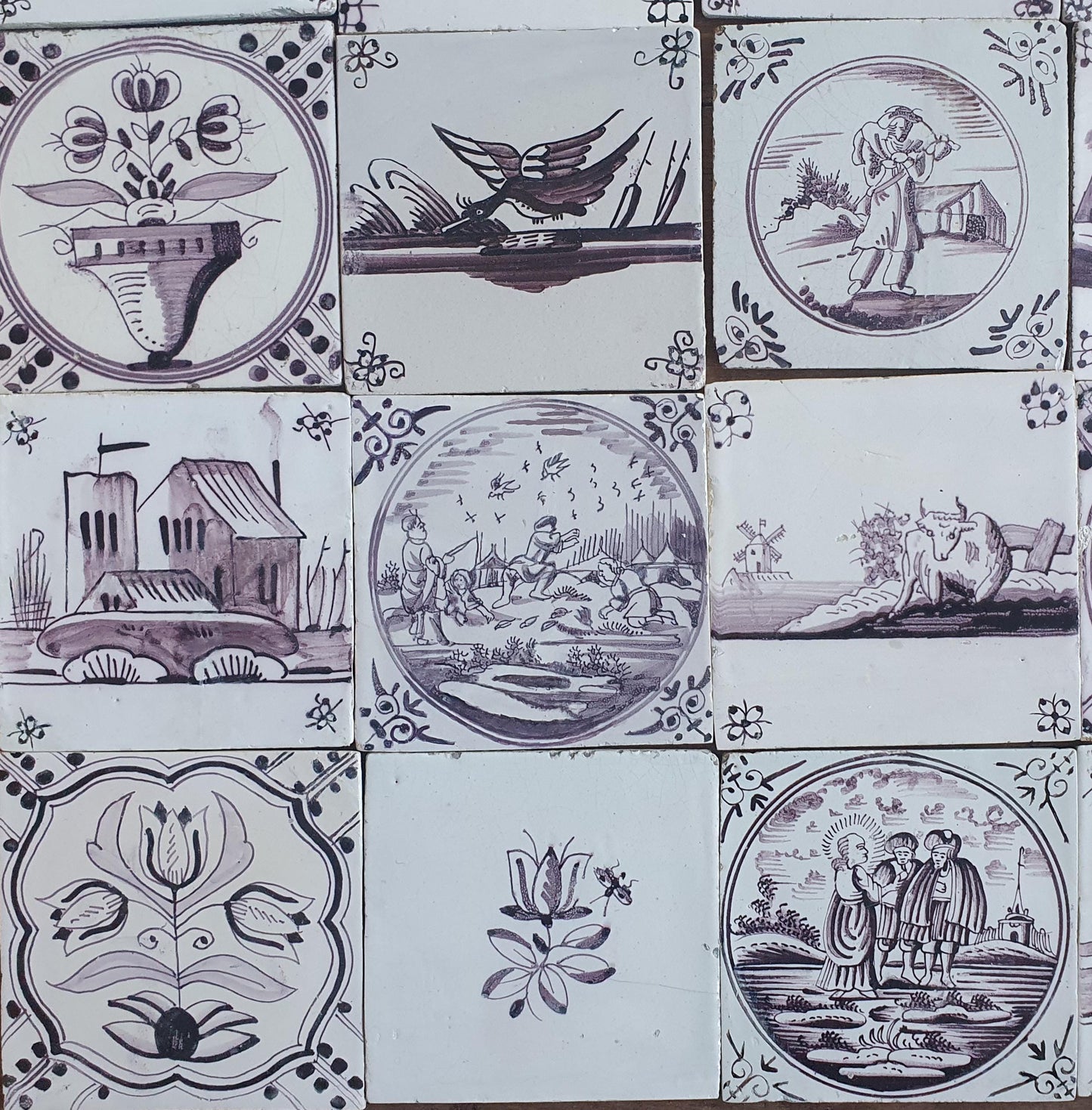 Antique Delft Tiles, 18th/19th Century Dutch Landscapes, Set of 36