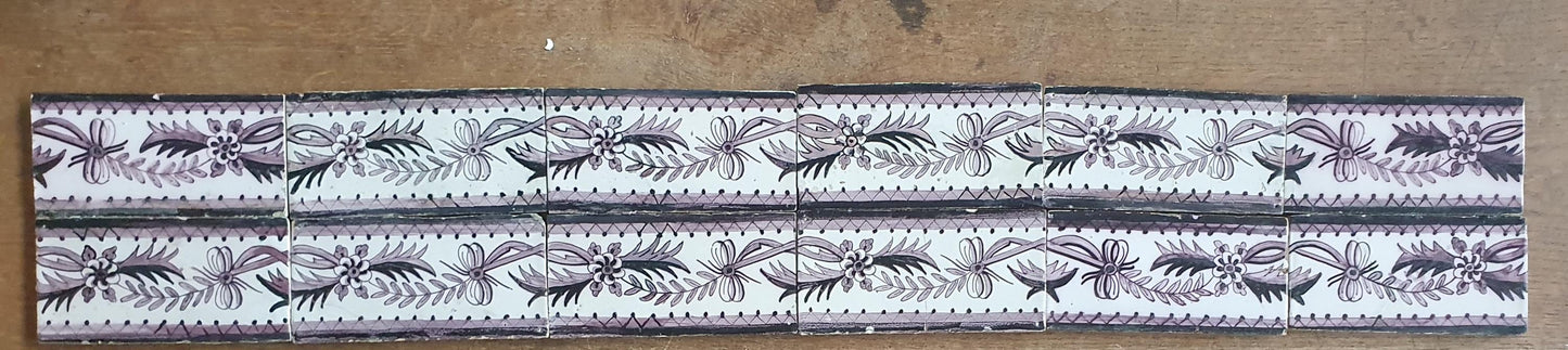 Antique Delft edge Tiles, 18th Century Dutch Wall Panel, Floral Decor set 12