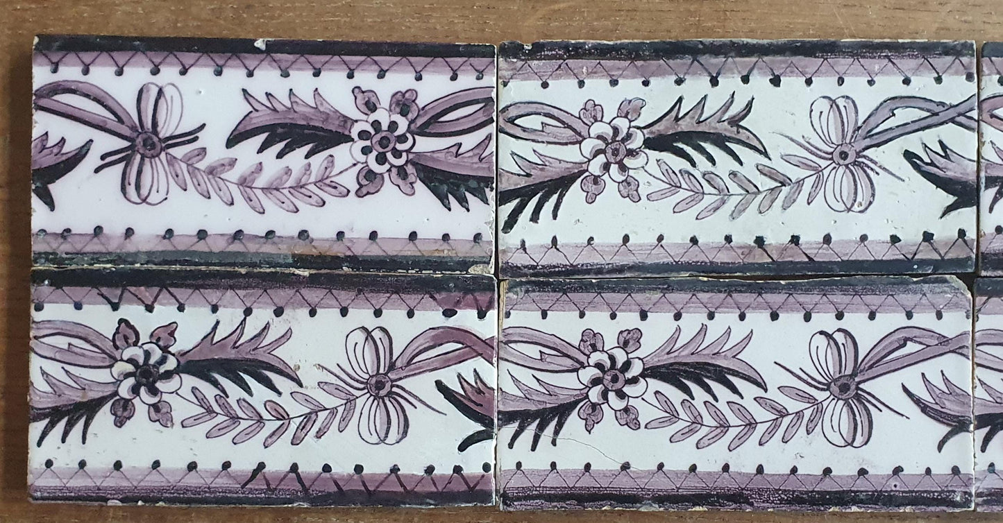 Antique Delft edge Tiles, 18th Century Dutch Wall Panel, Floral Decor set 12