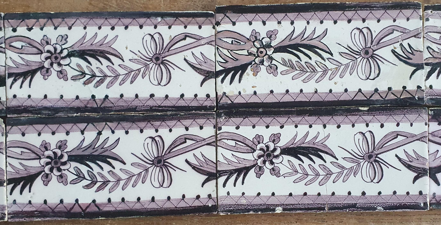 Antique Delft edge Tiles, 18th Century Dutch Wall Panel, Floral Decor set 12