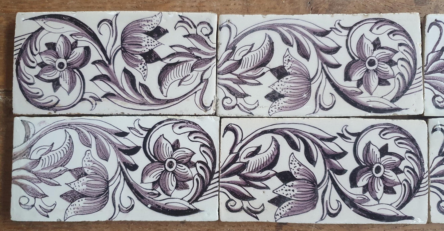 Antique Delft edge Tiles, 18th Century Dutch Wall Panel, Floral Decor set 13