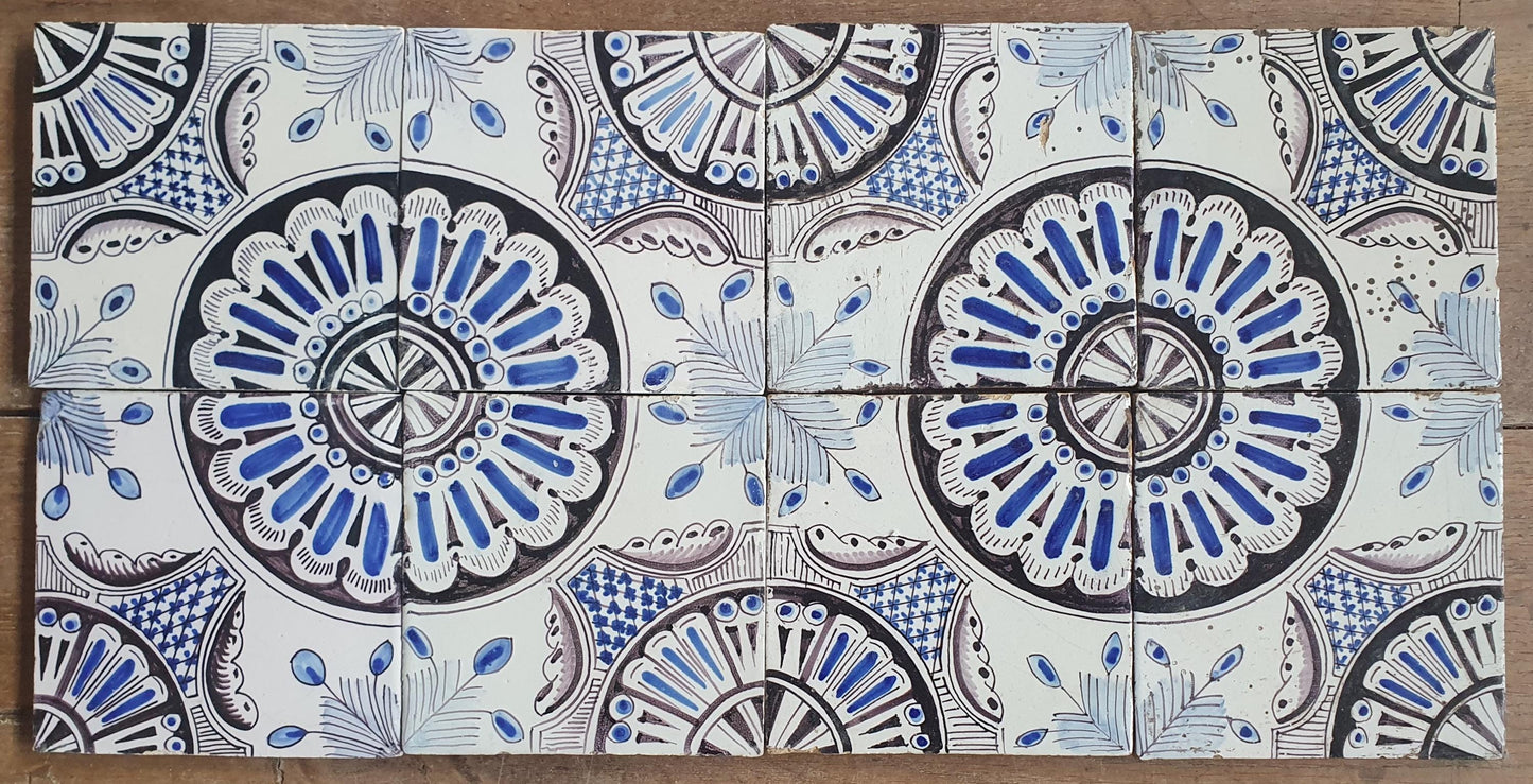 Antique Dutch Delft Tiles, 1850 Ornamental Rozet, Blue Manganese, Set of 8