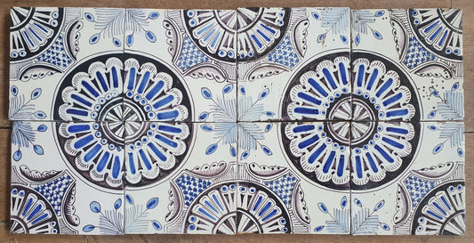 Antique Dutch Delft Tiles, 1850 Ornamental Rozet, Blue Manganese, Set of 8