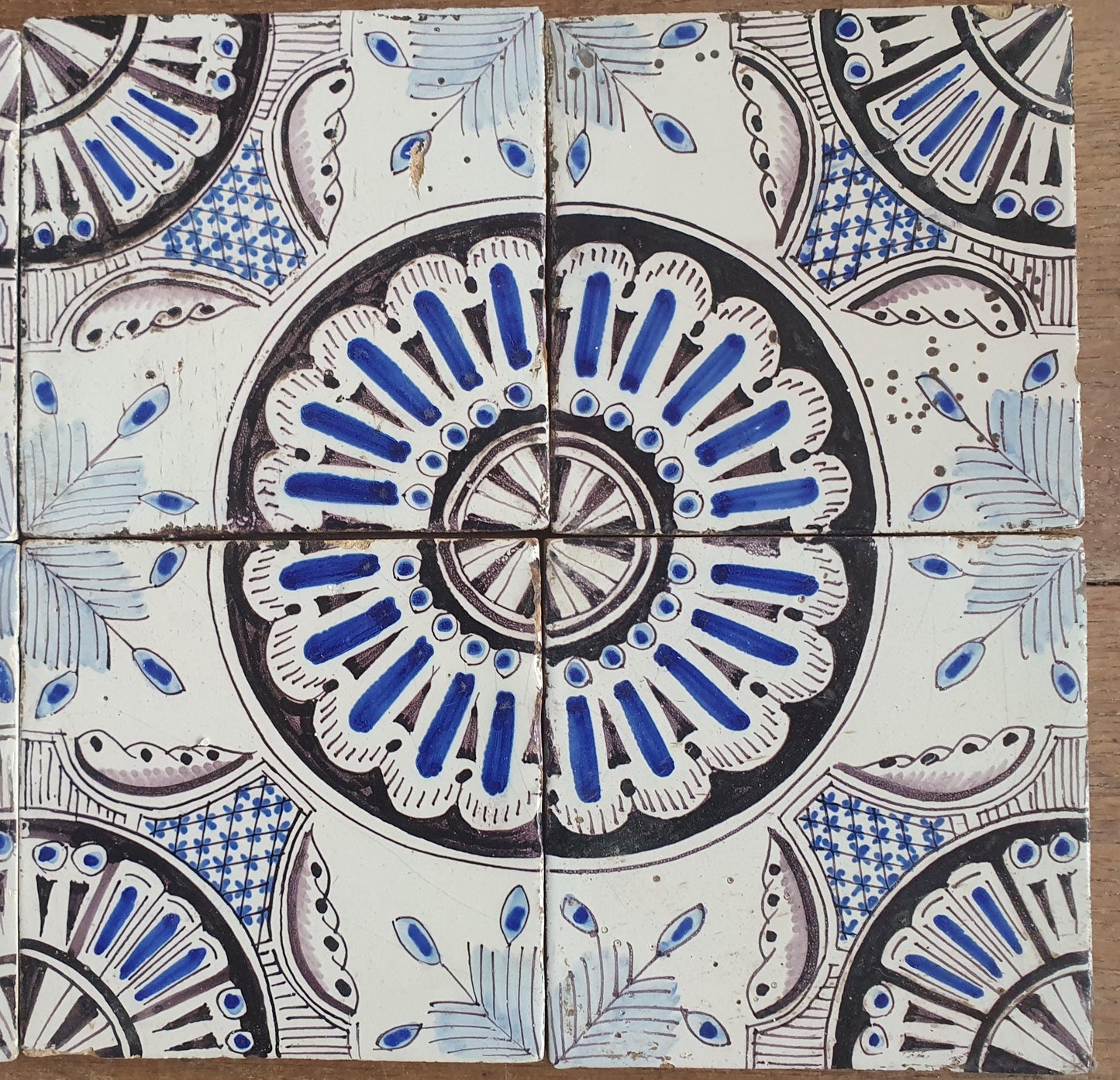 Antique Dutch Delft Tiles, 1850 Ornamental Rozet, Blue Manganese, Set of 8
