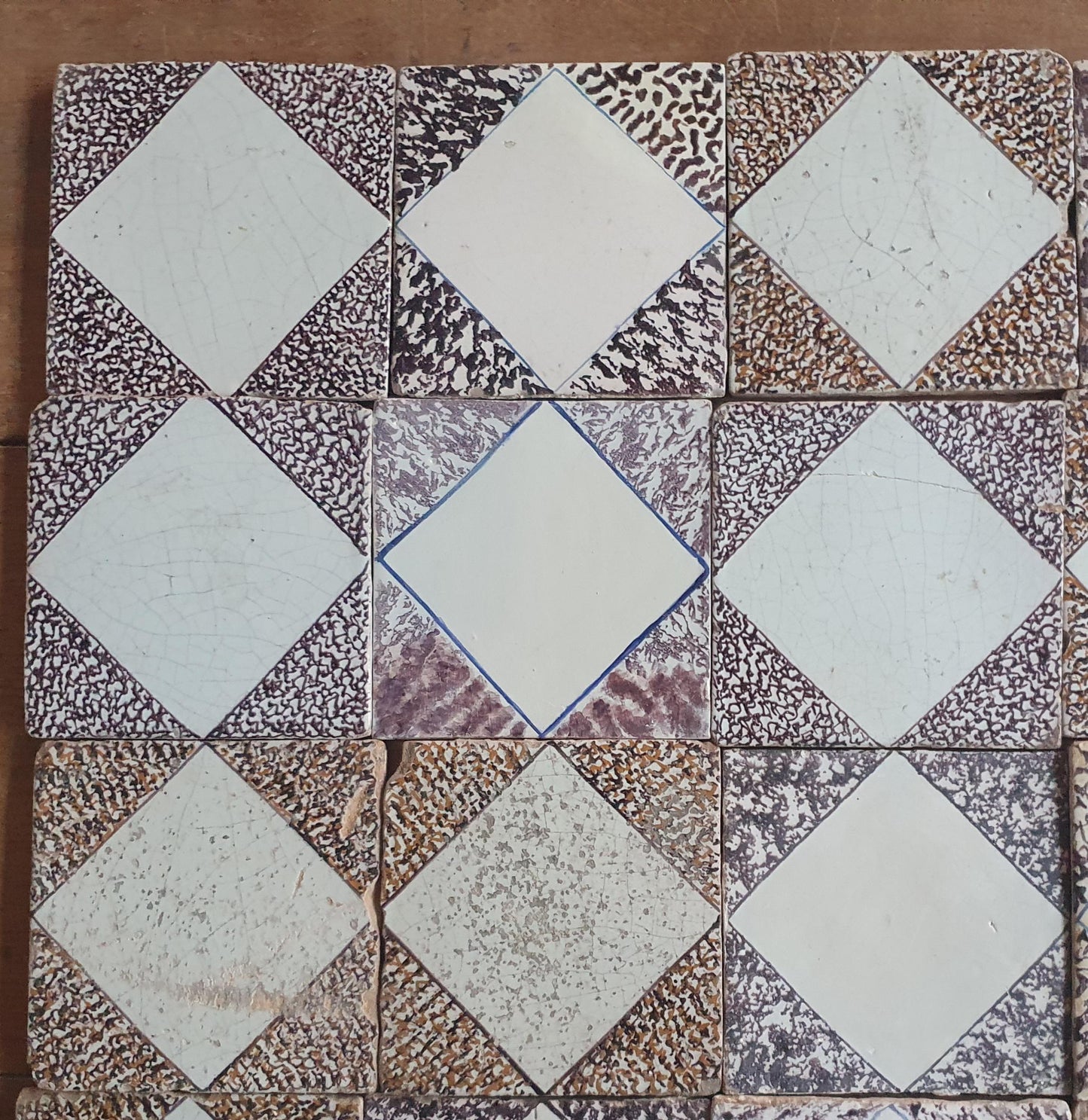 Antique Dutch Delft Tiles, 17th Century Dotted Diamond set of 33