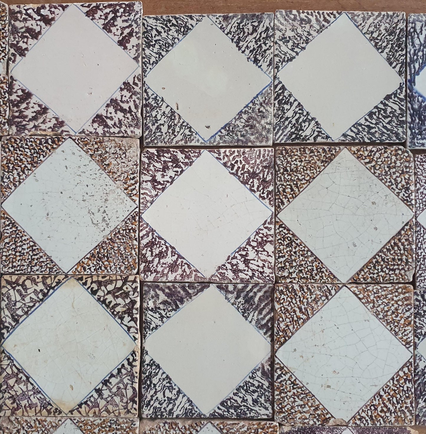 Antique Dutch Delft Tiles, 17th Century Dotted Diamond set of 33