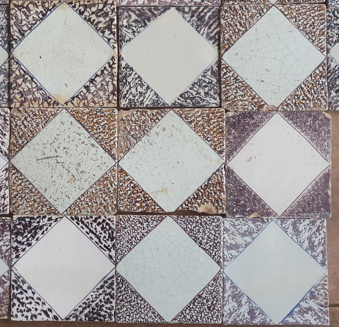 Antique Dutch Delft Tiles, 17th Century Dotted Diamond set of 33