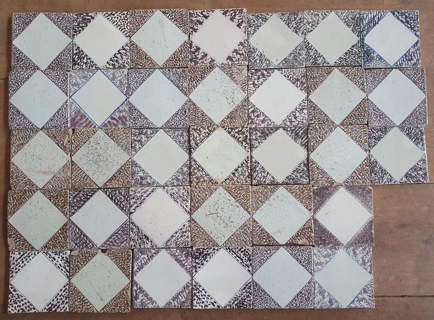 Antique Dutch Delft Tiles, 17th Century Dotted Diamond set of 33