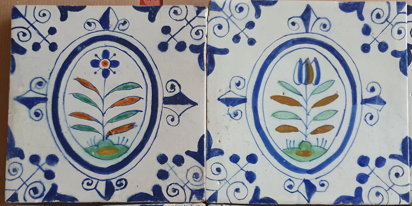 17th  Delft tulip medaillon tiles,  antique tiles with flowers, and Tulips set of 6