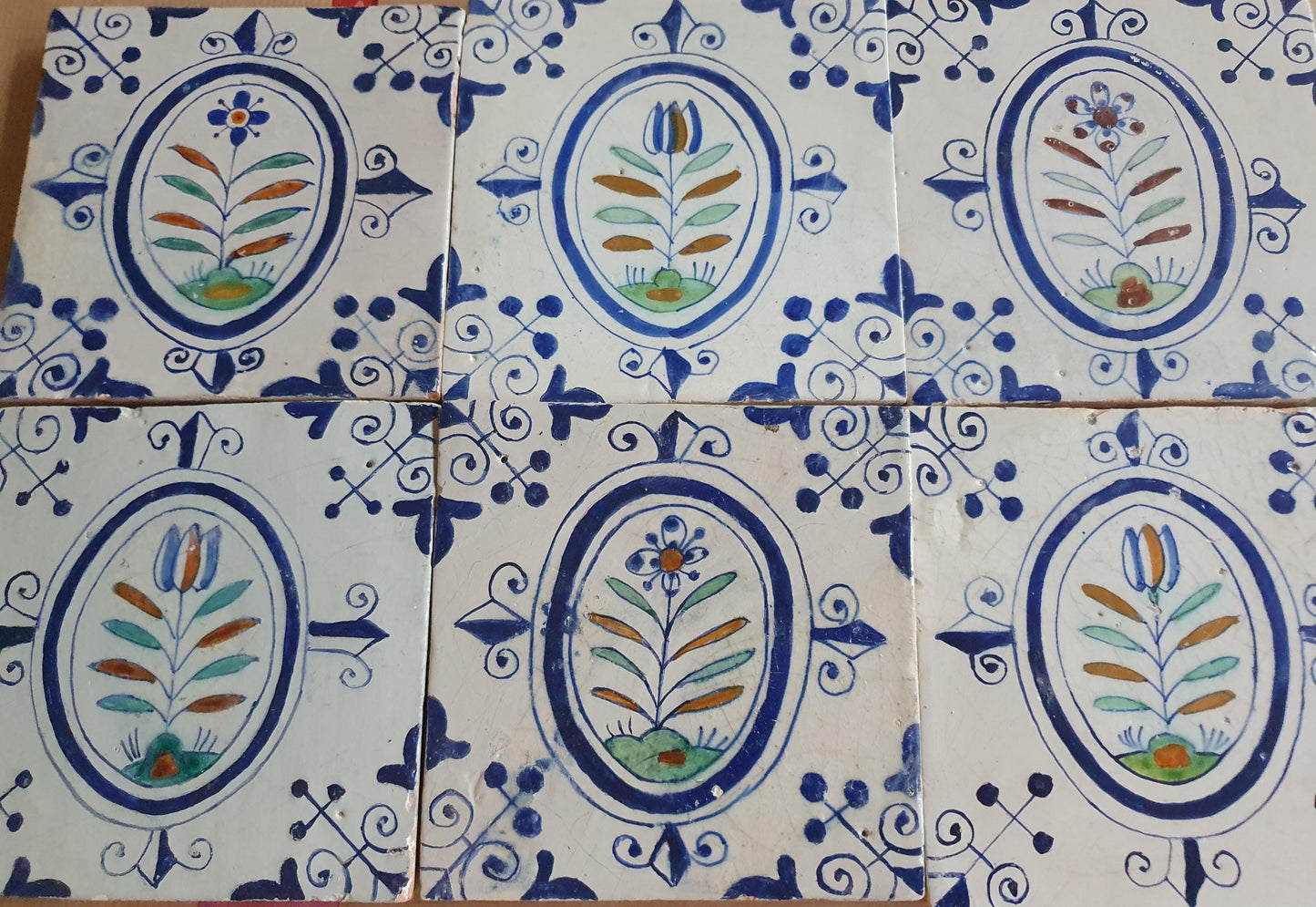 17th  Delft tulip medaillon tiles,  antique tiles with flowers, and Tulips set of 6