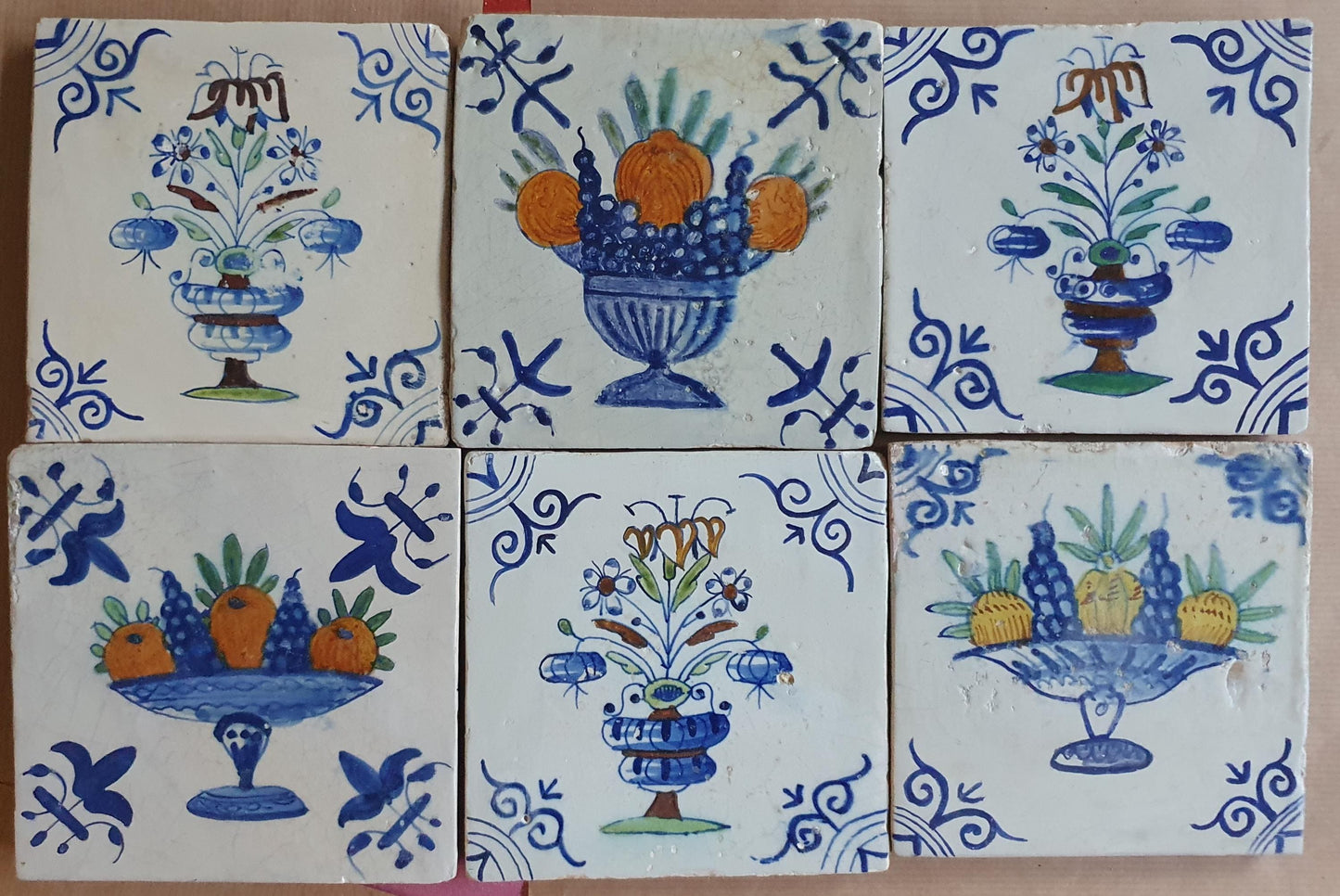 17th  Delft tiles,  antique tiles with flowers pots and fruit bowl, set of 6