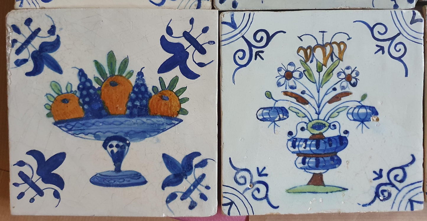 17th  Delft tiles,  antique tiles with flowers pots and fruit bowl, set of 6