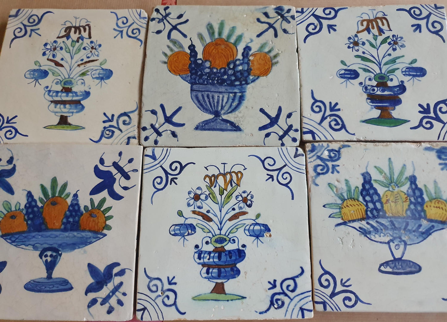 17th  Delft tiles,  antique tiles with flowers pots and fruit bowl, set of 6