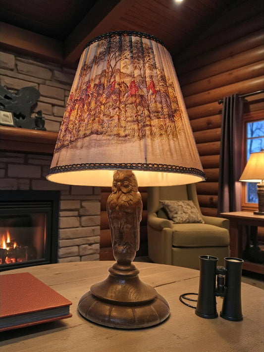 Black Forest Wood Carved Owl Lamp, Hunting Scene Shade, Country Cottage Decor