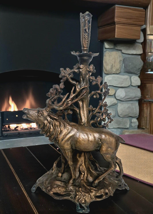 Vintage Spelter Stag Candlestick – Hunting Lodge Cabin Decor, c.1900