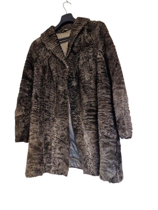 Vintage Karakul Lamb Fur Coat, Grey Brown Curly Fur, Women's M