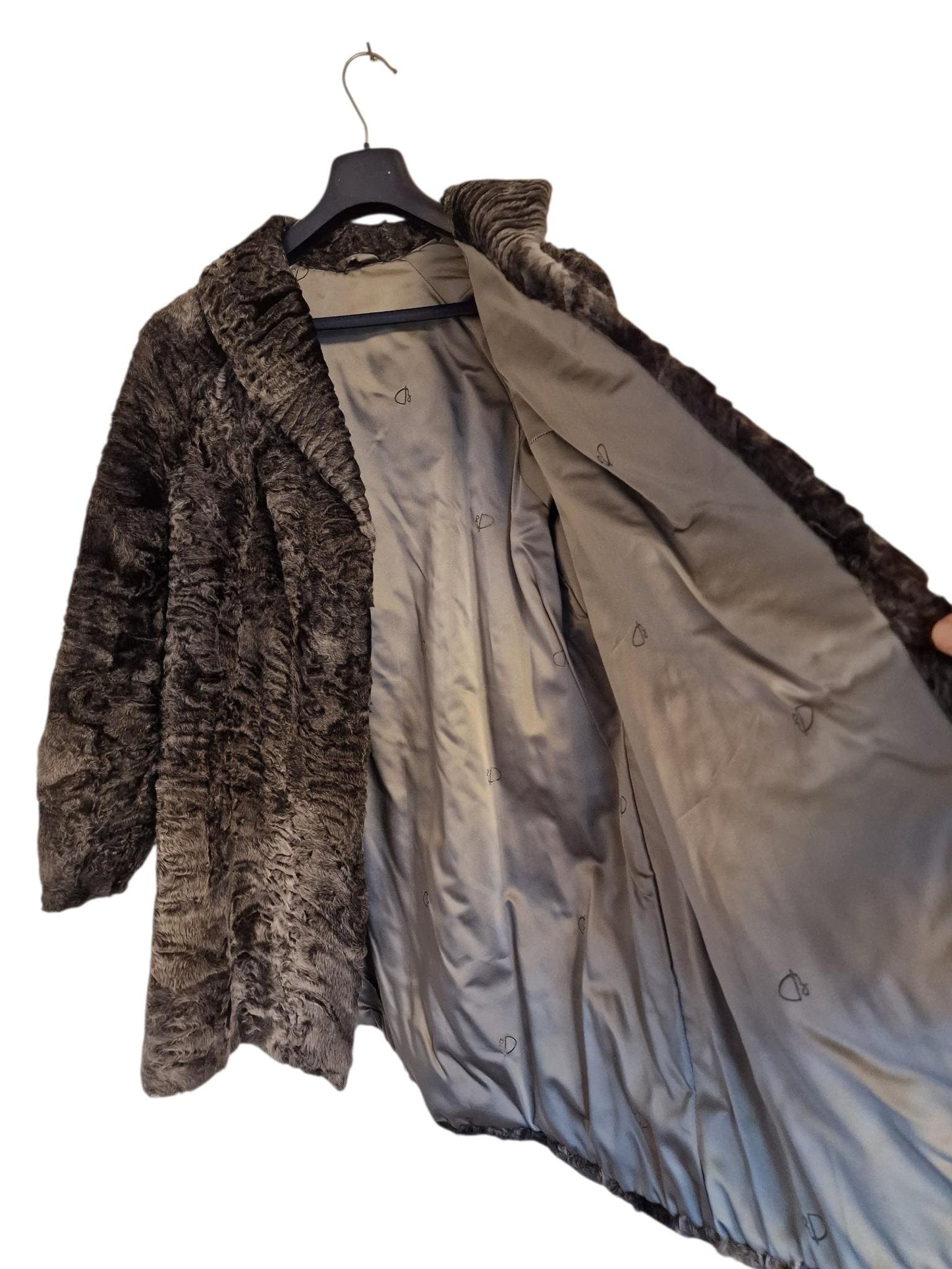 Vintage Karakul Lamb Fur Coat, Grey Brown Curly Fur, Women's M