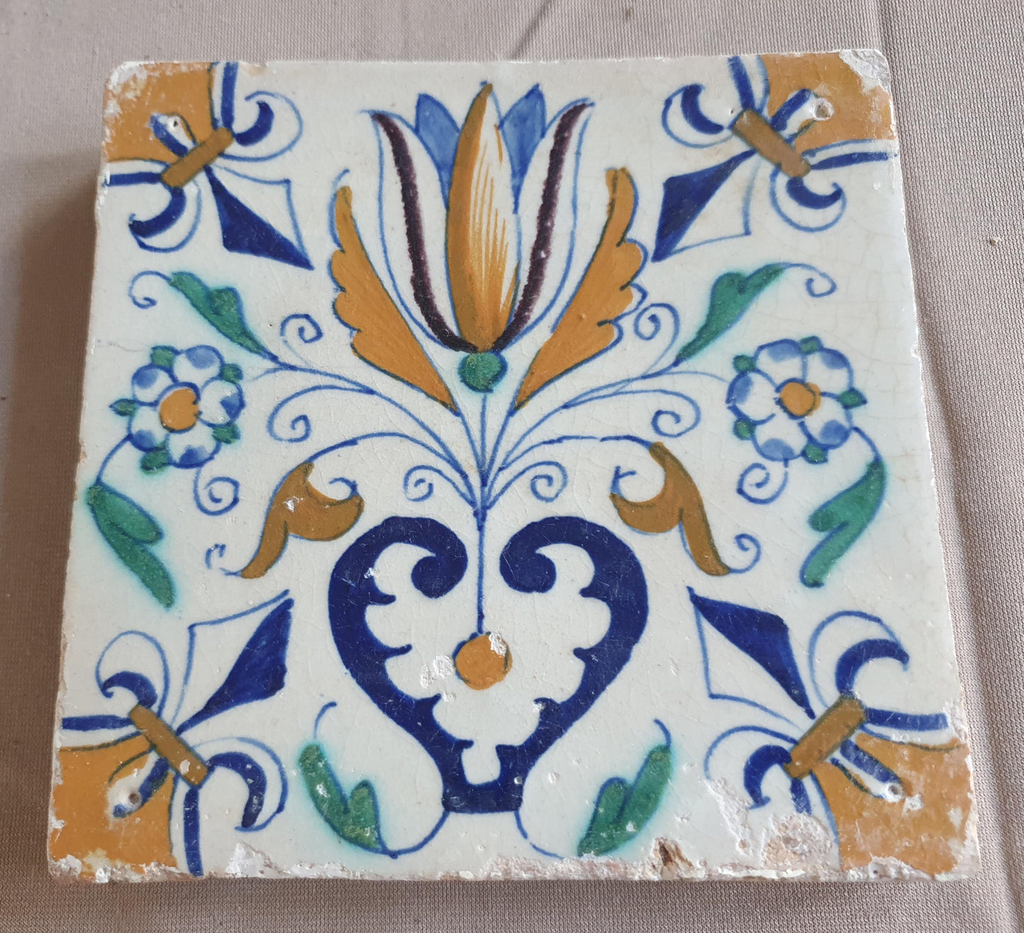 Dutch Delft Tile, Tulip Heart, 17th century polychrome walltile, ca 1630