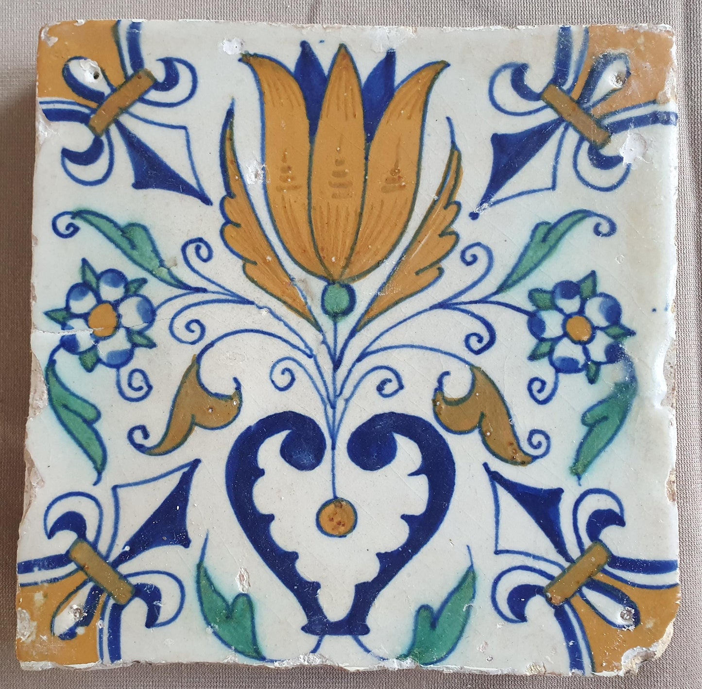 Dutch Delft Tile, Tulip Heart, 17th century polychrome walltile, ca 1630
