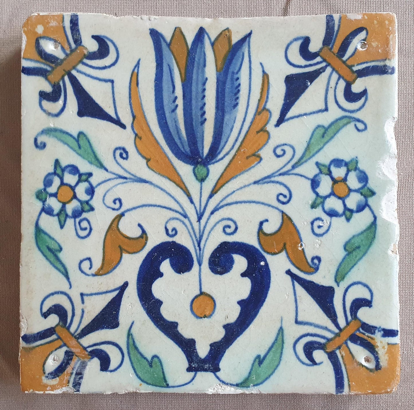 Dutch Delft Tile, Tulip Heart, 17th century polychrome walltile, ca 1630