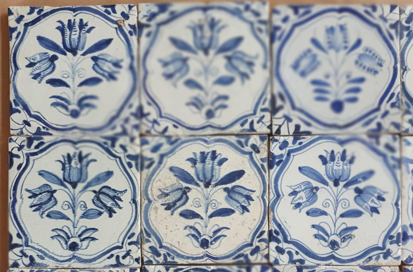 Antique Delft Tulip Tiles, 17th Century Dutch Wall Decor, Set of 20