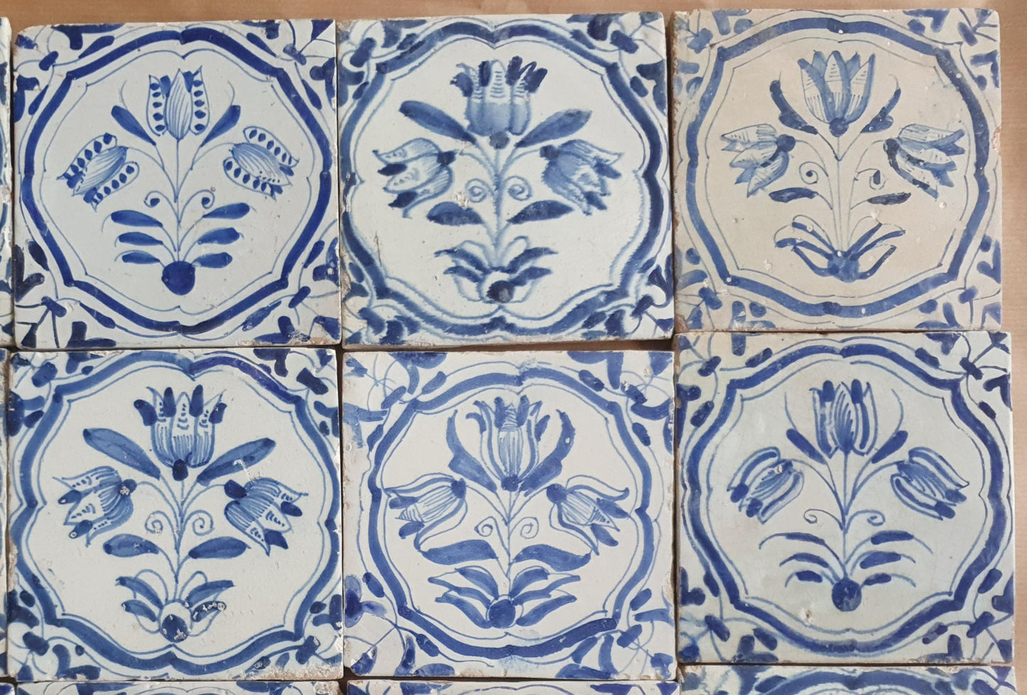 Antique Delft Tulip Tiles, 17th Century Dutch Wall Decor, Set of 20