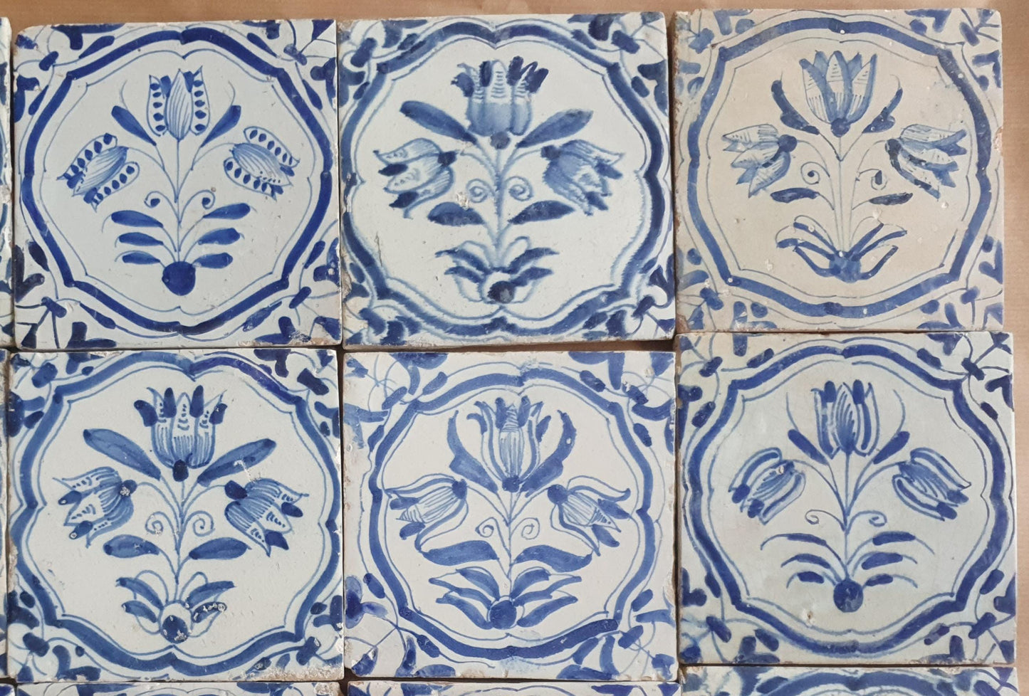 Antique Delft Tulip Tiles, 17th Century Dutch Wall Decor, Set of 20