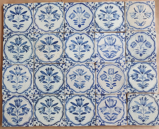 Antique Delft Tulip Tiles, 17th Century Dutch Wall Decor, Set of 20