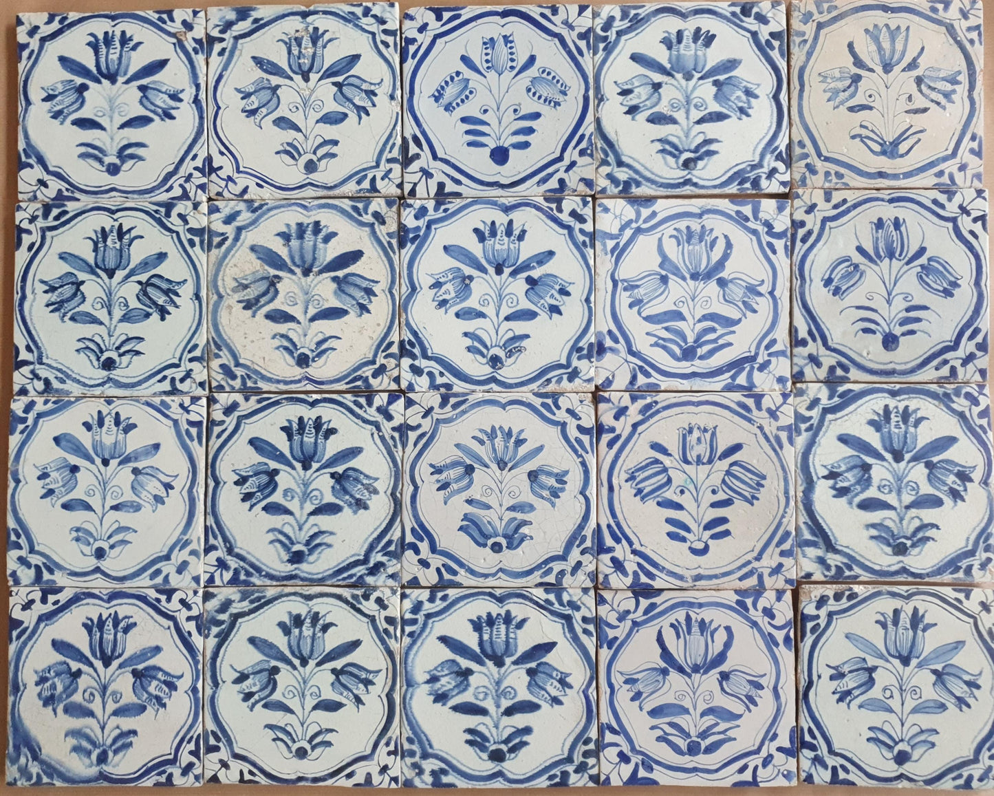 Antique Delft Tulip Tiles, 17th Century Dutch Wall Decor, Set of 20