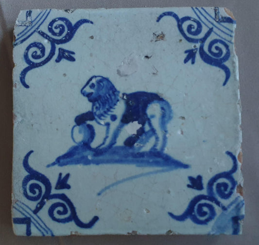 Dutch Delft Tile, Leon , 17th century blue walltile, ca 1640