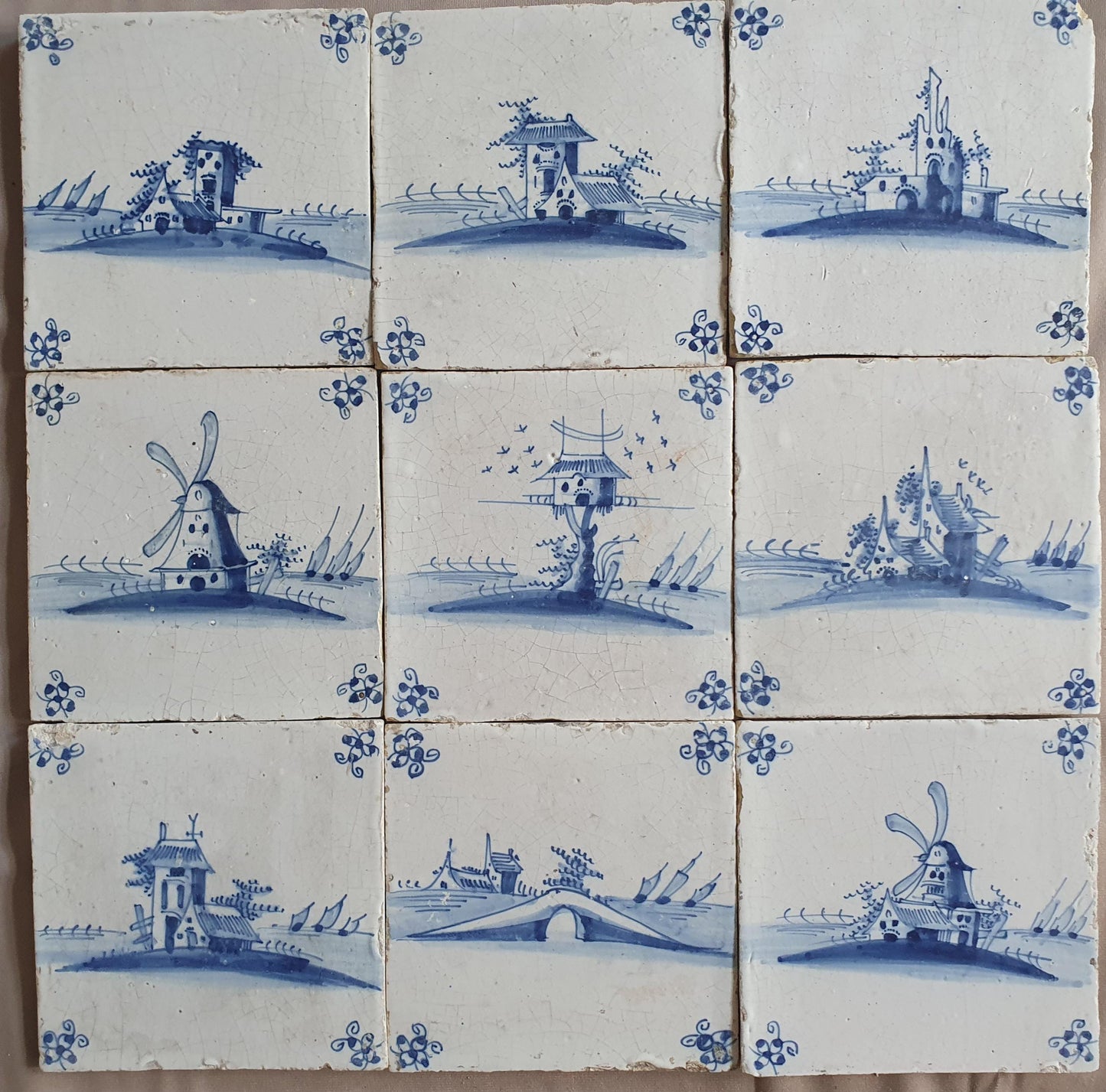 Antique Delft landscape Tiles, 17th Century Dutch Wall Decor, Set of 9