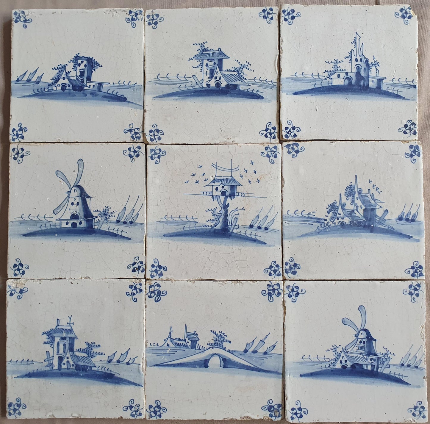 Antique Delft landscape Tiles, 17th Century Dutch Wall Decor, Set of 9