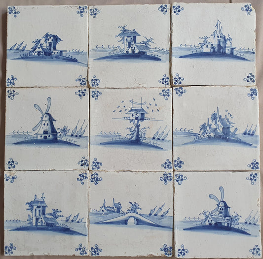 Antique Delft landscape Tiles, 17th Century Dutch Wall Decor, Set of 9
