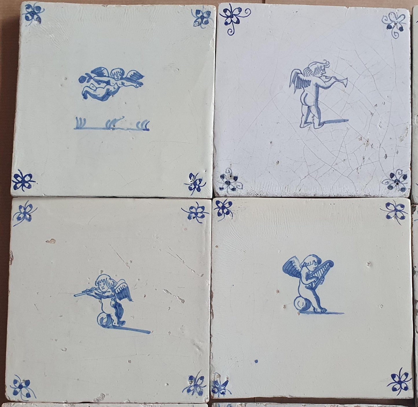 Antique Delft Cherub Tiles, 17th Century Dutch Wall Decor Set