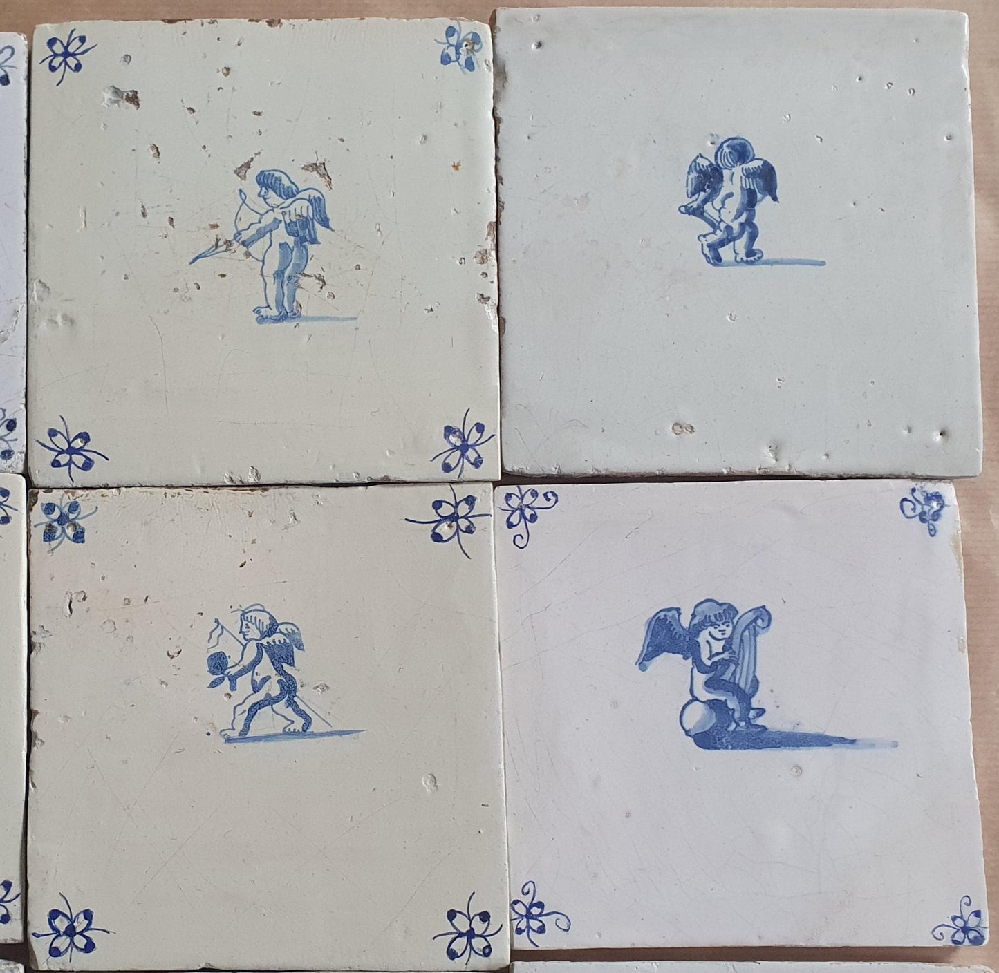 Antique Delft Cherub Tiles, 17th Century Dutch Wall Decor Set