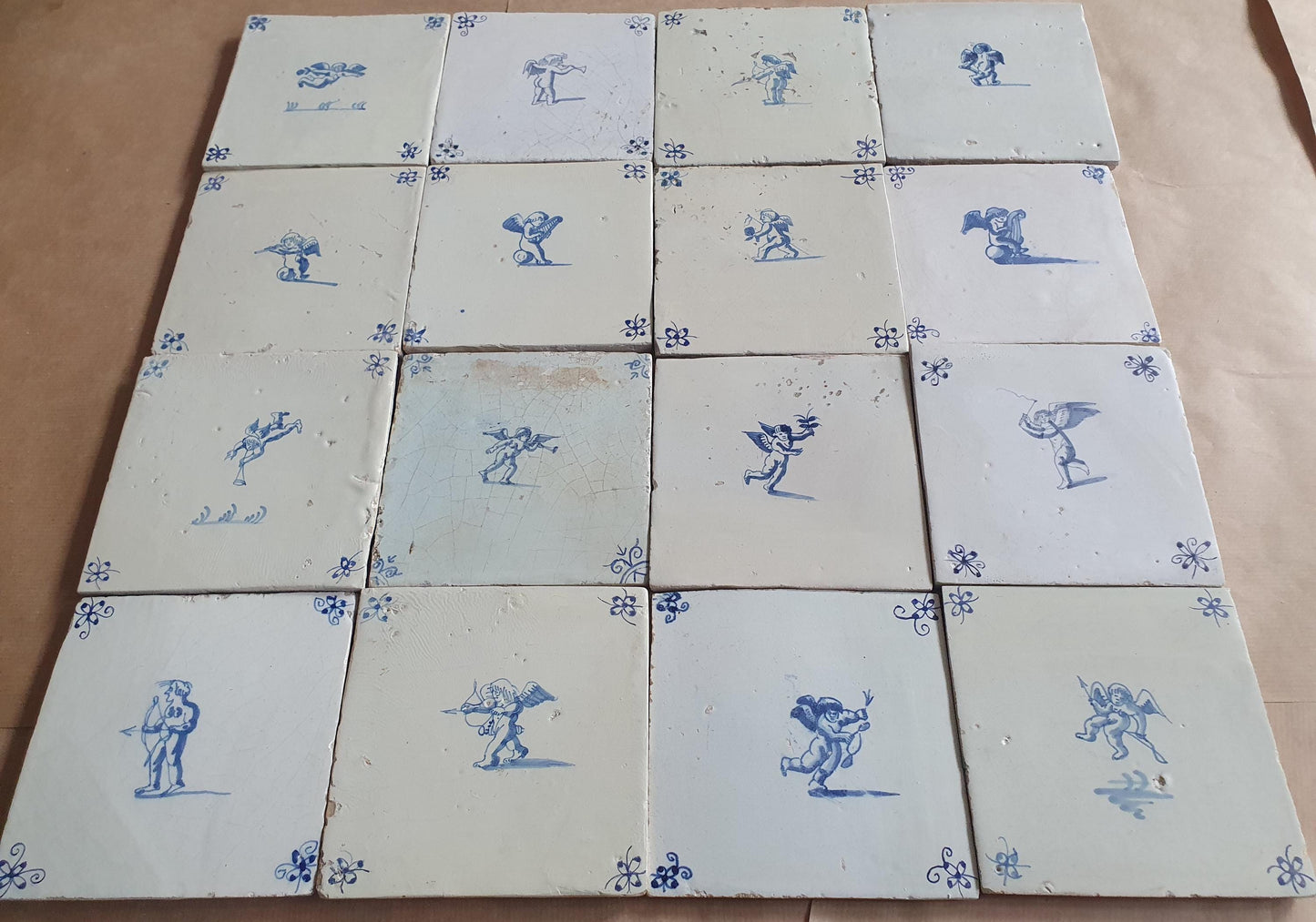 Antique Delft Cherub Tiles, 17th Century Dutch Wall Decor Set