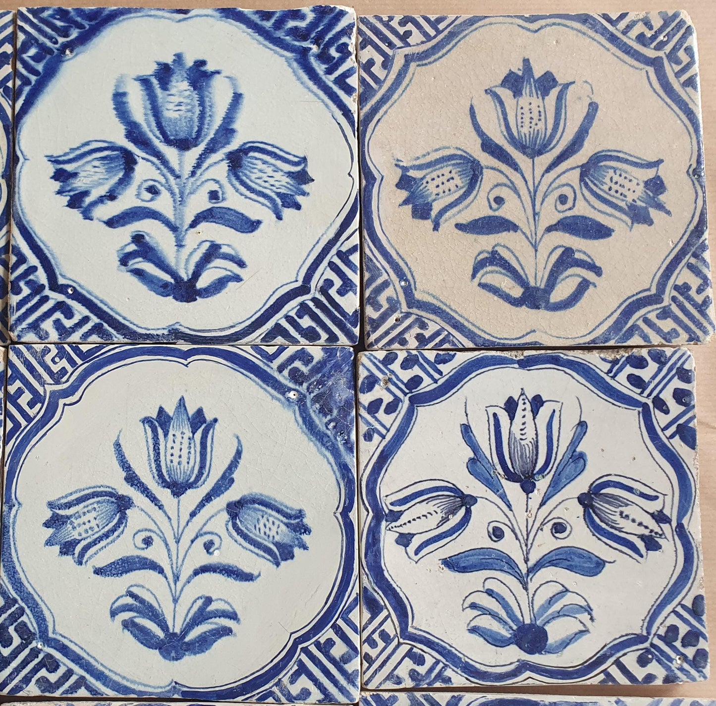 Antique Delft Tulip Tiles, 17th Century Dutch Wall Decor, Set of 12