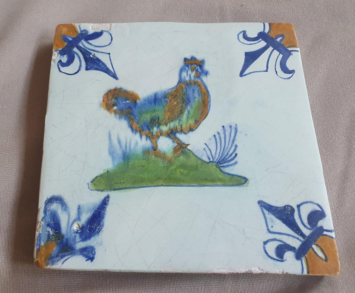 Dutch Delft Tile, Chicken, 17th century polychrome walltile, ca 1640