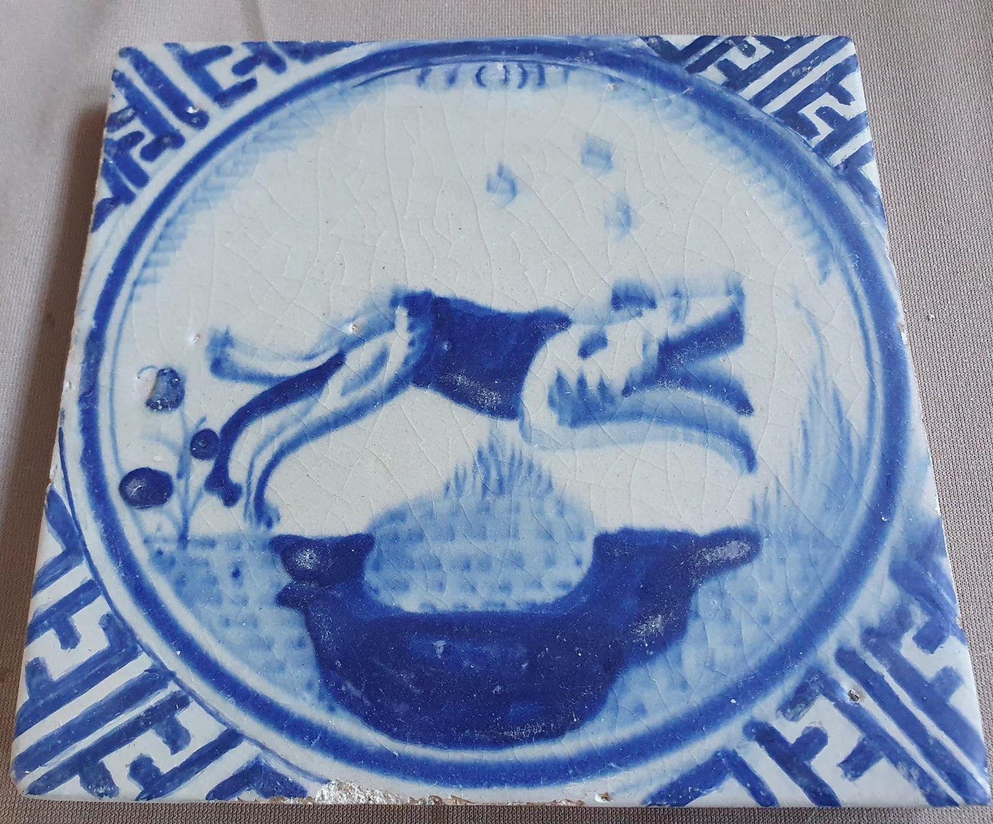 Dutch Delft Tile, Dog , 17th century blue walltile, ca 1640
