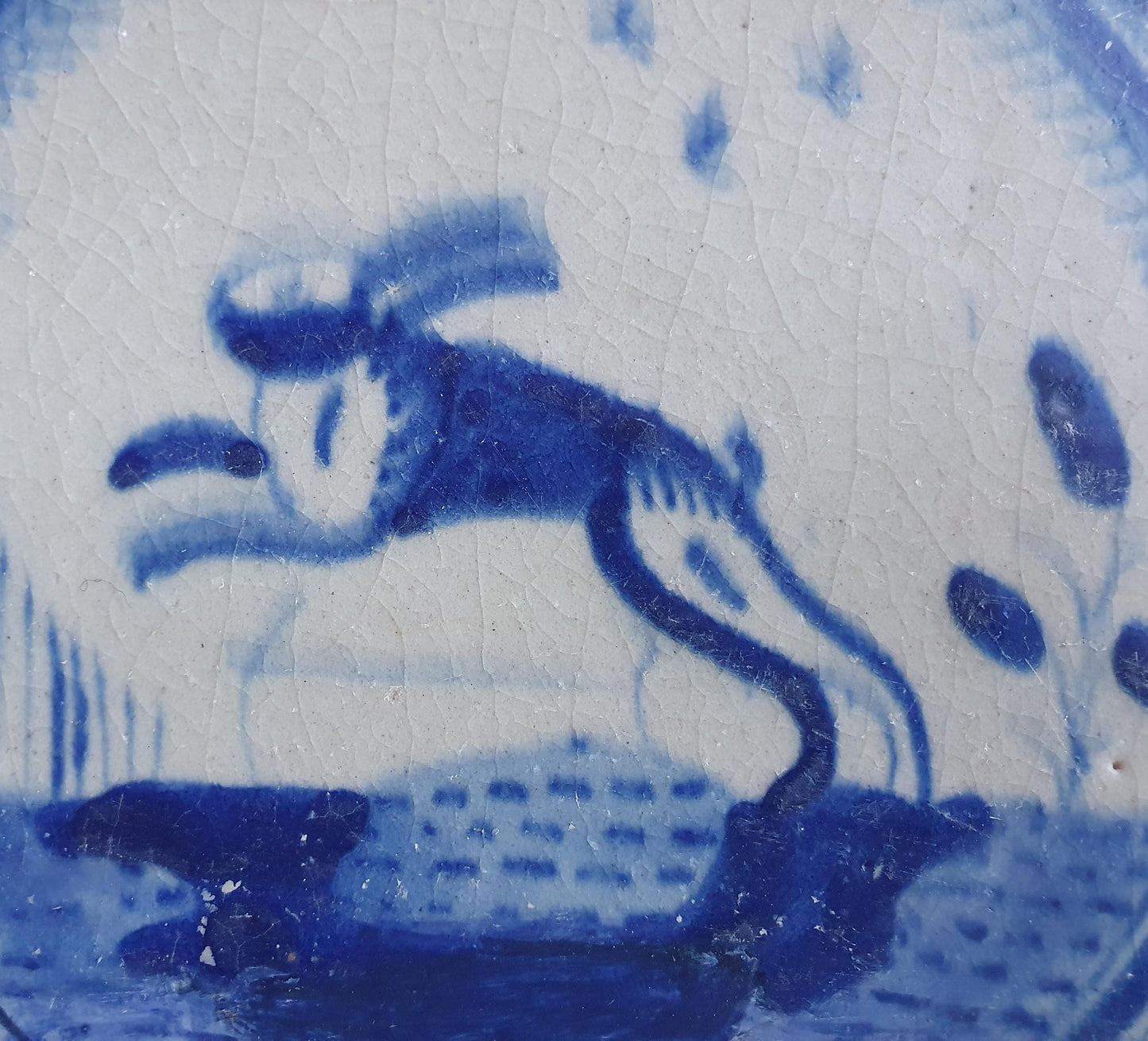 Dutch Delft Tile, Hare , 17th century blue walltile, ca 1640